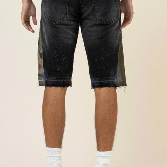 First Row MULTI CAMO PANELED RELEASED HEM DENIM SHORTS Jorts Size 36 NWT - Picture 4 of 4
